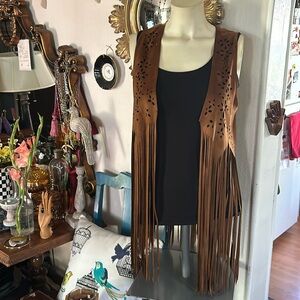 Faux Suede Cutout Open Fringed Vest